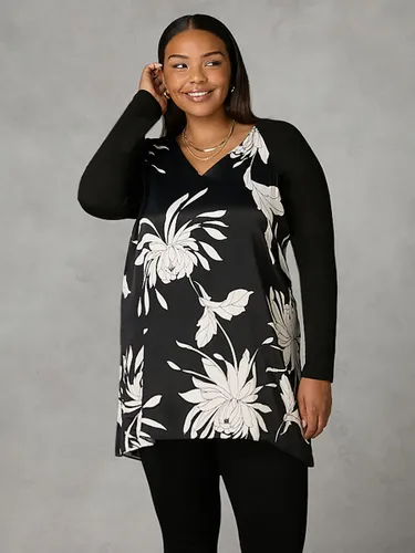Live Unlimited Curve Floral Print Satin Front High Low Tunic Top, Black/Stone - Black/Stone - Female