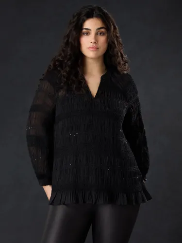 Live Unlimited Curve Sequin Shirred Cuff Blouse, Black - Black - Female