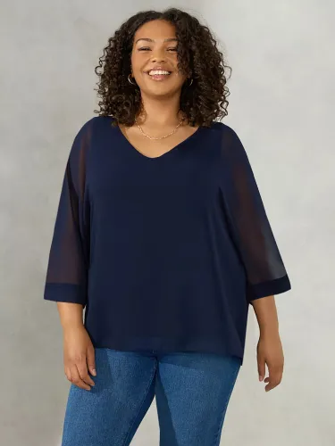 Live Unlimited Curve V-Neck Chiffon Overlay Top, Navy - Blue - Female