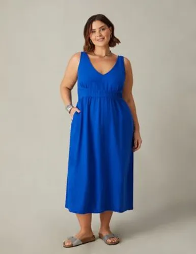 Live Unlimited London Womens Linen Rich V-Neck Midi Waisted Dress - 28 - Blue, Blue,Black