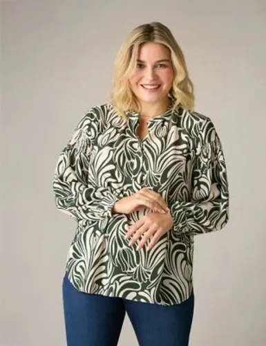 Live Unlimited London Womens Printed Shirred Blouse - 28 - Green Mix, Green Mix