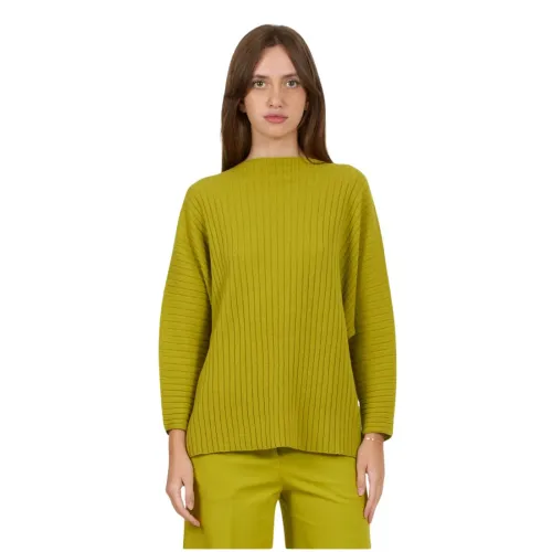 Liviana Conti , Green Ribbed Sweater with Kimono Sleeves ,Green female, Sizes: