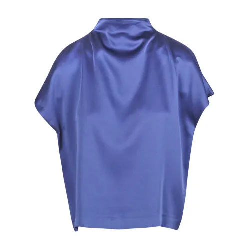 Liviana Conti , Satin Top with High Neck and Short Flap Sleeves ,Blue female, Sizes: