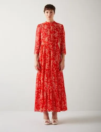 Lk Bennett Womens Pure Silk Floral Maxi Tiered Dress - 8 - Red Mix, Red Mix