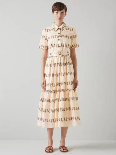 L.K.Bennett Bella Shell Print Tiered Midi Shirt Dress, Ecru/Multi - Ecru/Multi - Female