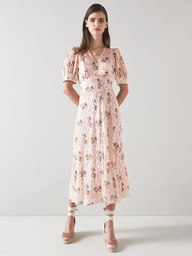 L.K.Bennett Leith Floral and Stripe Silk Rich Midi Dress, Pale Pink/Multi - Pale Pink/Multi - Female