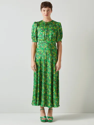 L.K.Bennett Luna Floral Print Satin Midi Dress, Green/Multi - Green/Multi - Female