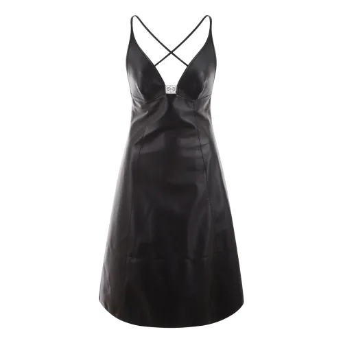 Loewe , Black Sleeveless Leather Dress with Logo Plaque ,Black female, Sizes: