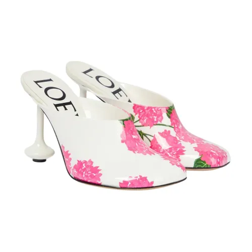 Loewe , Floral Charm Leather Mules ,White female, Sizes: