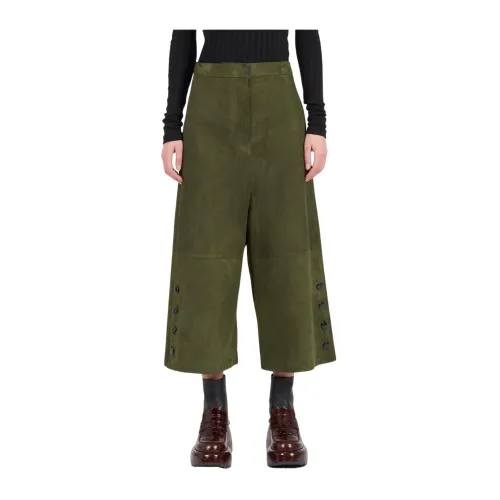 Loewe , Stylish Cropped Trousers in Dark Khaki Green ,Green female, Sizes: