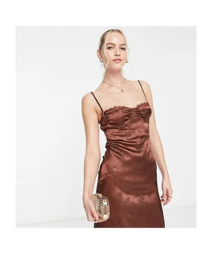 Lola May Womens Tall satin jacquard mini dress with strappy back in chocolate brown