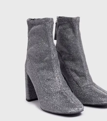 London Rebel Silver Glitter Pointed Block Heel Sock Boots New Look