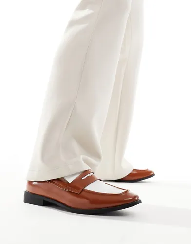 London Rebel X penny loafers in chestnut brown and white