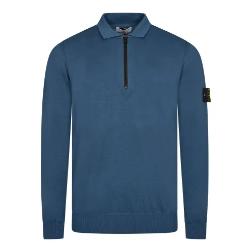 Long Sleeve Knitted Polo Shirt - Dark Blue