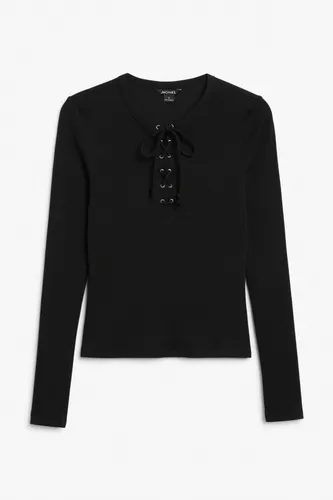 Long sleeve top with lace tie front - Black