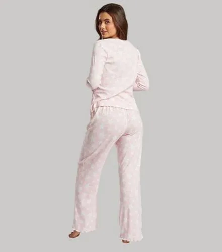 Loungeable Pink Super Soft Ribbed Trouser Pyjama Set with Star Print New Look