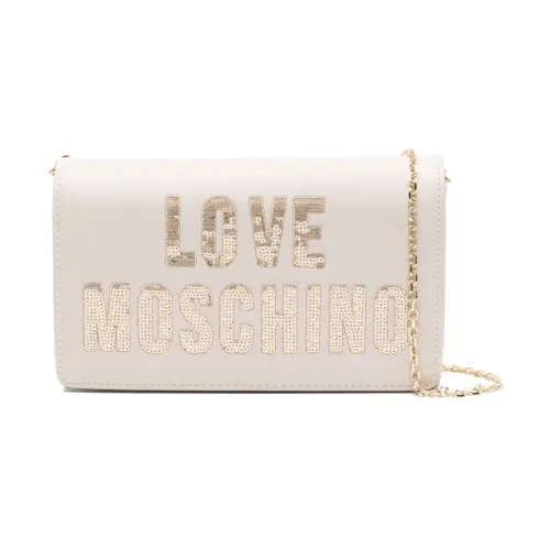 Love Moschino , Beige Sequin Logo Eco-Leather Bag ,Beige female, Sizes: ONE SIZE
