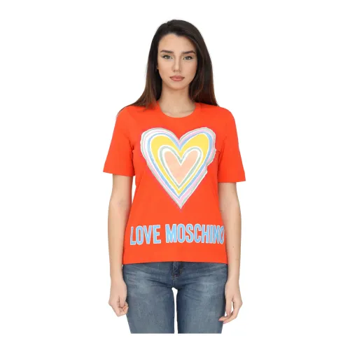 Love Moschino , MaxI Logo Heart Print T-Shirt ,Orange female, Sizes: