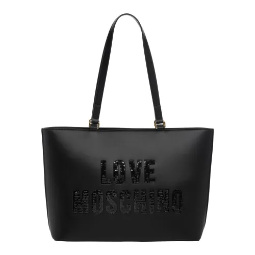 Love Moschino , Sparkling Logo Tote Bag with Rhinestones ,Black female, Sizes: ONE SIZE