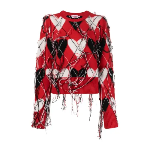 Loverboy by Charles Jeffrey , Red Oversized Sweater with Fringed Diamond Pattern ,Red female, Sizes: