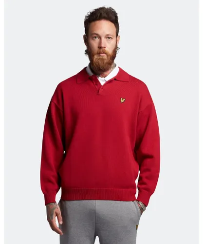 Lyle & Scott Mens Blouson Long Sleeve Knitted Polo Shirt - Red Cotton