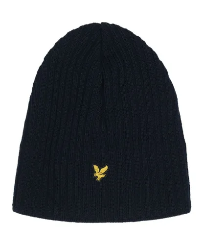 Lyle & Scott Mens Knitted Ribbed Beanie in Navy Wool - One