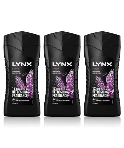 Lynx Mens Excite 12-H Refreshing Fragrance Shower Gel Body Wash for Men, 3x225ml - Black - One Size