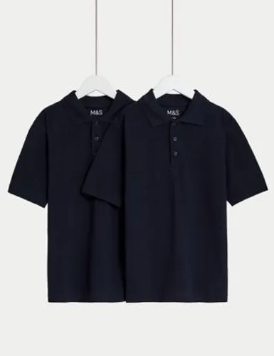M&S 2pk Unisex Pure Cotton School Polo Shirts (2-18 Yrs) - 17-18 - Navy, Navy