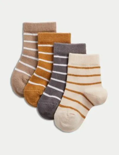 M&S 4pk Cotton Rich Striped Baby Socks - 0-6 - Multi, Multi