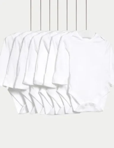 M&S 7pk Pure Cotton Long Sleeve Bodysuits (5lbs-3 Yrs) - EARLY - White, White