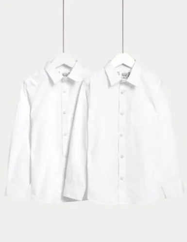 M&S Boys 2-Pack Slim Fit Cotton School Shirts (2-18 Yrs) - 2-3 Y - White, White