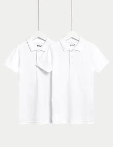 M&S Boys 2-Pack Slim Stain Resist School Polo Shirts (2-16 Yrs) - 41 - White, White,Blue
