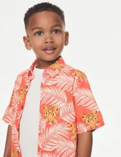 M&S Boys 2pc Cotton Rich Leopard Shirt and T-Shirt (2-8 Yrs) - 2-3 Y - Coral, Coral