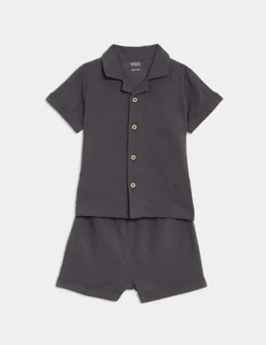 M&S Boys 2pc Cotton Rich Top & Bottom Outfit (0 Mths-3 Yrs) - 3-6 M - Charcoal, Charcoal,Neutral