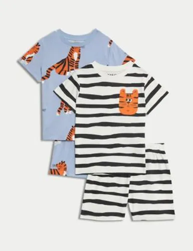 M&S Boys 2pk Pure Cotton Tiger Print Pyjamas (1-8 Yrs) - 1-1+Y - Blue Mix, Blue Mix