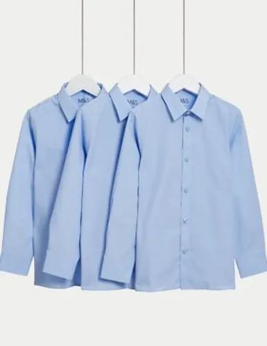 M&S Boys 3-Pack Slim Fit Easy Iron School Shirts (2-16 Yrs) - 10-11 - Blue, Blue,White