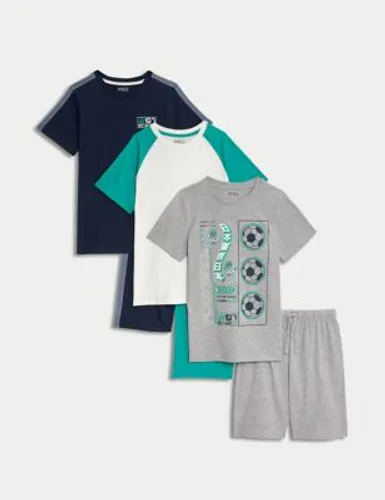 M&S Boys 3pk Cotton Rich Patterned Pyjama Sets (6-16 Yrs) - 13-14 - Grey, Grey