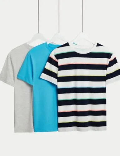 M&S Boys 3pk Cotton Rich Plain & Striped T-Shirts (6-16 Yrs) - 7-8 Y - Blue Mix, Blue Mix