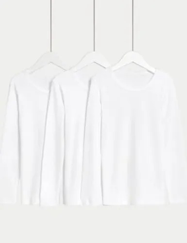 M&S Boys 3pk Pure Cotton Long Sleeve Vests (2-14 Yrs) - 3-4 Y - White, White