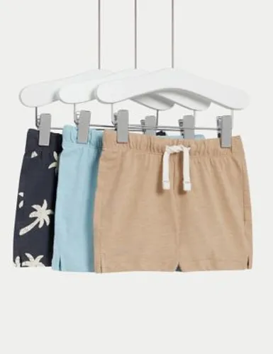 M&S Boys 3pk Pure Cotton Palm Tree Shorts (0 Mths-3 Yrs) - 0-3 M - Multi, Multi