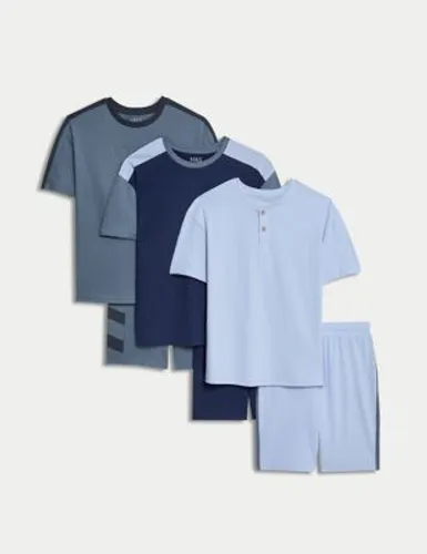 M&S Boys 3pk Pure Cotton Pyjama Sets (6-16 Yrs) - 7-8 Y - Blue Mix, Blue Mix