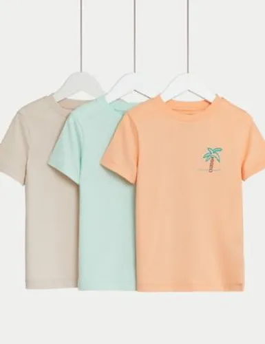 M&S Boys 3pk Pure Cotton T-Shirts (2-8 Yrs) - 3-4 Y - Coral Mix, Coral Mix