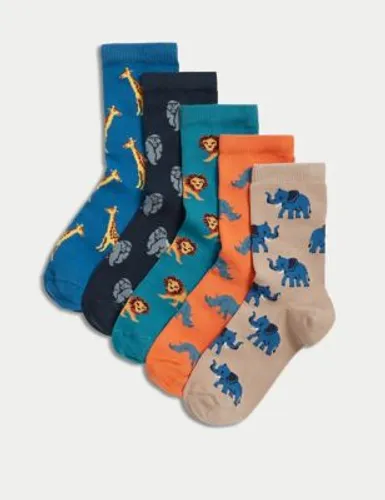 M&S Boys 5pk Cotton Rich Animal Socks - 8-12 - Multi, Multi