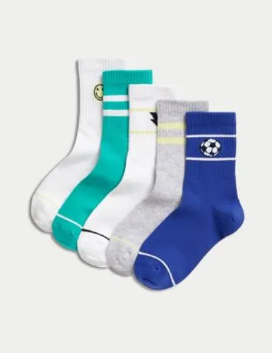 M&S Boys 5pk Cotton Rich Ribbed Sports Icons Socks - 12+3+ - Multi, Multi