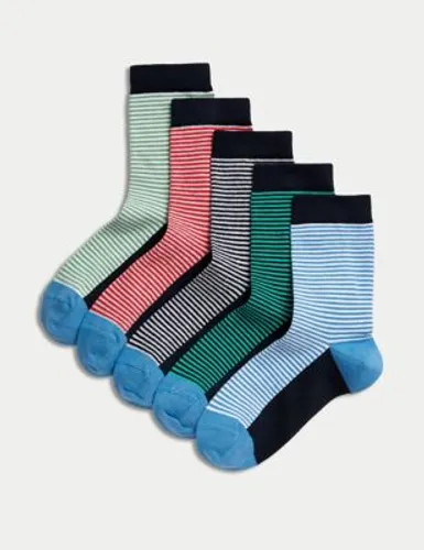M&S Boys 5pk Cotton Rich Striped Socks (6 Small - 7 Large) - 6-8+ - Multi, Multi