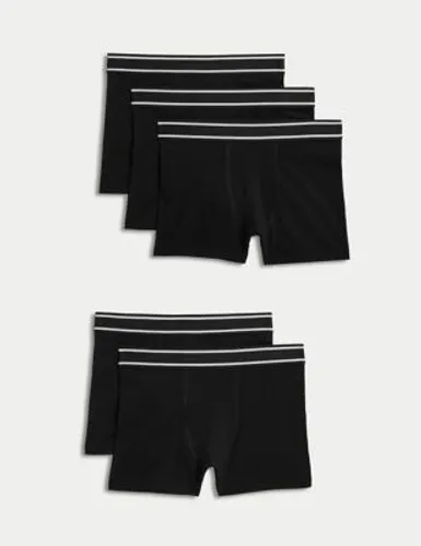 M&S Boys 5pk Cotton with Stretch Trunks (5-16 Yrs) - 7-8 Y - Black, Black