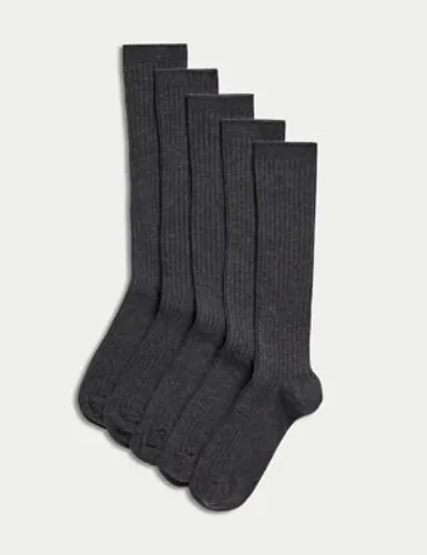 M&S Boys 5pk of Long Ribbed School Socks - 7+10+ - Grey, Grey