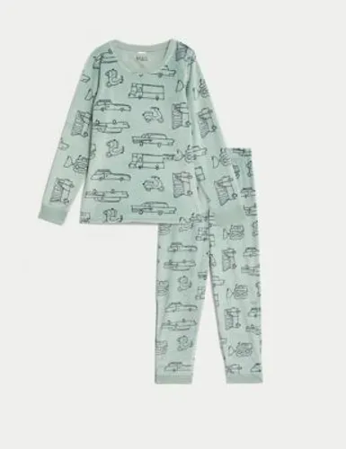 M&S Boys Adaptive Velour Transport Print Pyjamas (1-16 Yrs) - 7-8 Y - Green Mix, Green Mix