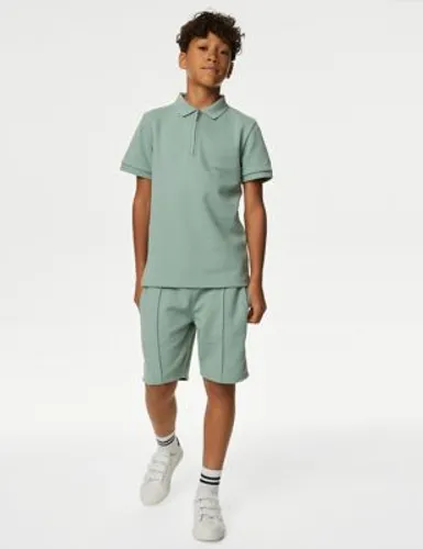 M&S Boys Cotton Blend Polo Shirt and Shorts Set (6-16 Yrs) - 6-7 Y - Willow Green, Willow Green,Light Steel Blue,Navy,Stone