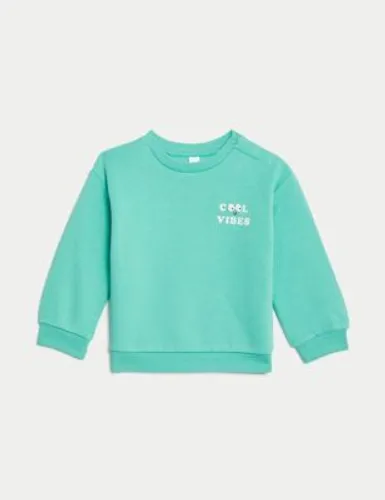 M&S Boys Cotton Rich Cool Vibes Slogan Sweatshirt (0-3 Yrs) - 12-18 - Green, Green